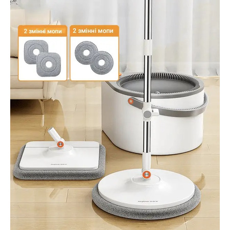 Набір швабра та відро з віджимом Joybos Spin Mop S01, 2 насадки, по 2 мопи в комплекті, товари для дому Зображення