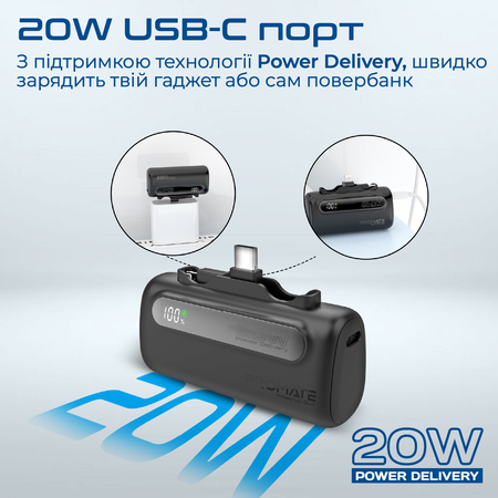 Універсальна мобільна батарея Promate PowerUp-Duo 5000mAh 20W Black Изображение