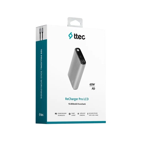 Універсальна мобільна батарея Ttec 15000mAh ReCharger Pro LCD PD 65W Space Gray (2BB216UG) Изображение
