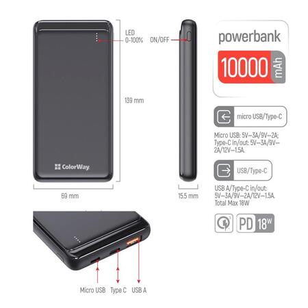 Універсальна мобільна батарея ColorWay Slim PD 10000mAh Black (CW-PB100LPG3BK-PD) Зображення