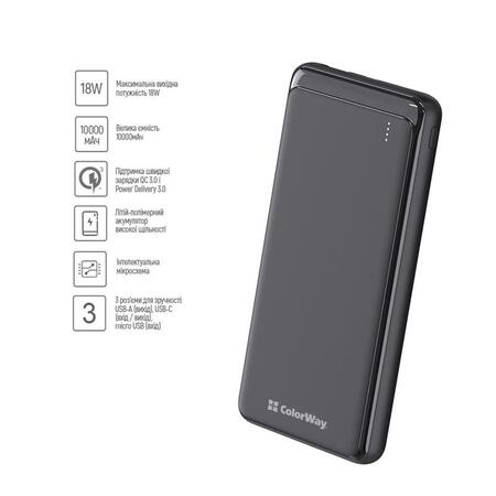 Універсальна мобільна батарея ColorWay Slim PD 10000mAh Black (CW-PB100LPG3BK-PD) Зображення