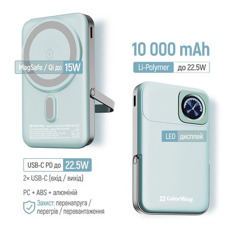 Універсальна мобільна батарея ColorWay 15W MagSafe & Watch Wireless 10000mAh Aquamarine (CW-PB100LPA2MT-WPDD) Зображення