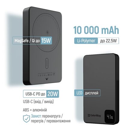Універсальна мобільна батарея ColorWay 15W MagSafe 10000mAh Black (CW-PB100LPA1BK-WPDD) Зображення