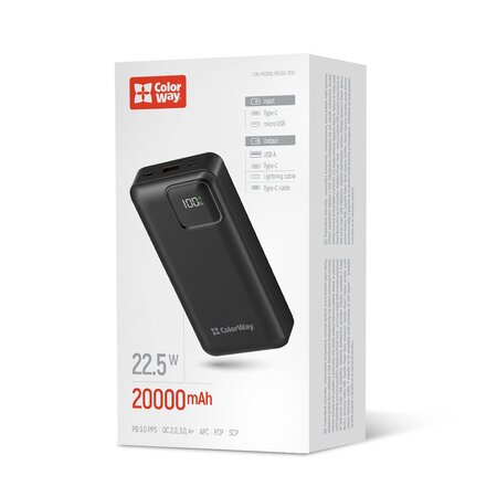 Універсальна мобільна батарея ColorWay Optimal Power 20000mAh Black (CW-PB200LPB5BK-PDD) Зображення