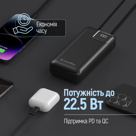 Універсальна мобільна батарея ColorWay Optimal Power 20000mAh Black (CW-PB200LPB5BK-PDD) Зображення