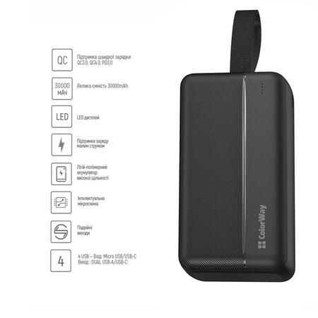 Універсальна мобільна батарея ColorWay High-power 2 30000mAh Black (CW-PB300LPC2BK-PD) Зображення