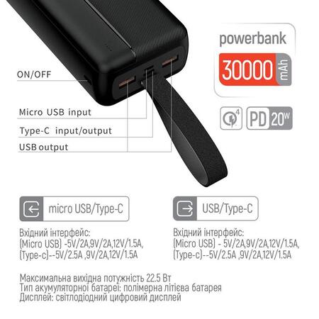 Універсальна мобільна батарея ColorWay High-power 2 30000mAh Black (CW-PB300LPC2BK-PD) Зображення