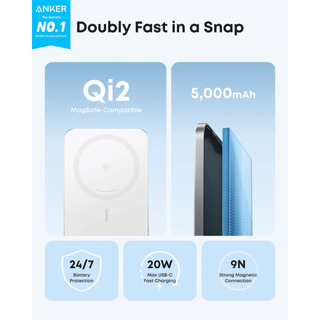 Універсальна мобільна батарея Anker Nano MagGo Slim 5000mAh 20W White (A1665H21) Зображення