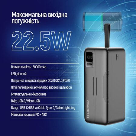 Універсальна мобільна батарея ColorWay Digital Display 50000mAh Black (CW-PB500LPC5BK-PDD) Зображення
