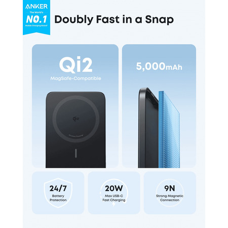Універсальна мобільна батарея Anker Nano MagGo Slim 5000mAh 20W Black (A1665H11) Зображення