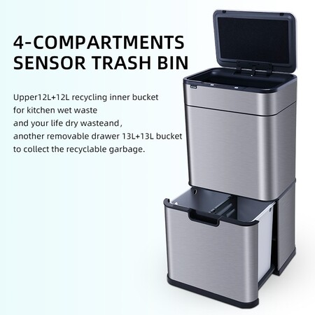 Сенсорне відро для сортування сміття 50 л (12л+12л+13л+13л) Yiwei Sensor Sortable Trash Bin-50, нержавіюча сталь, срібний, товари для дому Изображение