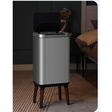 Сенсорне відро для сміття 16 л Yiwei Sensor Trash Bin with Legs-16 з деревяними ніжками, фіксація пакету, нержавіюча сталь, срібний, товари для дому Изображение