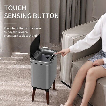 Сенсорне відро для сміття 16 л Yiwei Sensor Trash Bin with Legs-16 з деревяними ніжками, фіксація пакету, нержавіюча сталь, срібний, товари для дому Изображение
