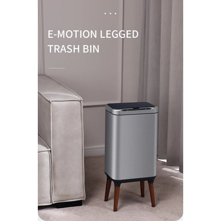 Сенсорне відро для сміття 16 л Yiwei Sensor Trash Bin with Legs-16 з деревяними ніжками, фіксація пакету, нержавіюча сталь, срібний, товари для дому Изображение
