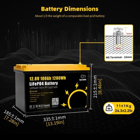 Акумулятор GoKwt LiFePO4 12V/100AH (1280W*h), Smart BMS, Bluetooth APP (літій-залізо-фосфатний акумулятор для ДБЖ (UPS)) Изображение