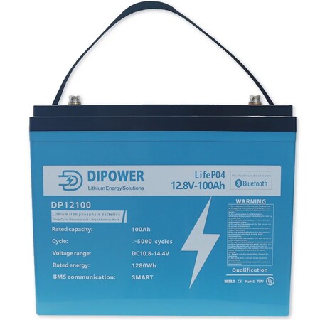 Акумулятор Dipower LiFePO4 12V/100AH (1280W*h), Smart BMS, Bluetooth APP (літій-залізо-фосфатний акумулятор для ДБЖ (UPS)) Зображення