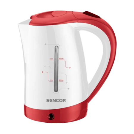 Електрочайник дорожній Sencor Strix, 0,5 л, 1100 Вт, пластиковий, в комплекті 2 склянки + 2 ложки Білий/Червоний (SWK150RD) Зображення