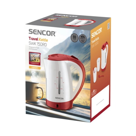 Електрочайник дорожній Sencor Strix, 0,5 л, 1100 Вт, пластиковий, в комплекті 2 склянки + 2 ложки Білий/Червоний (SWK150RD) Зображення