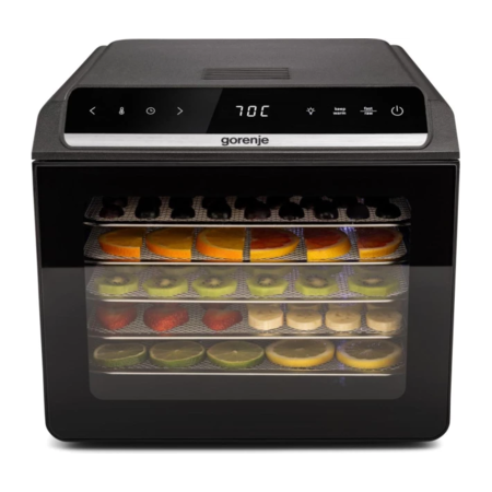 Сушарка для продуктів Gorenje FDK600DB 580Вт, піддонів - 6x1.5см, діаметр - 25см, макс - 75°С, дисплей, пластик+метал, чорний (ERFDK600DB) Зображення